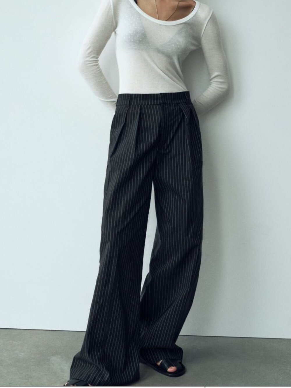 ZARA BAGGY PINSTRIPE PLEATED WIDE LEG COTTON TROUSER PANT LIGHTWEIGHT BLACK XS